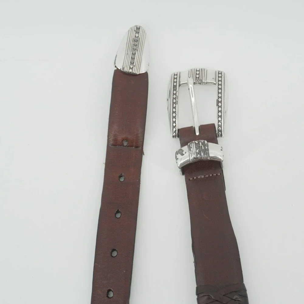 Brighton Leather Belt Mens 38 Brown Woven Western Silver Tone Concho 38057